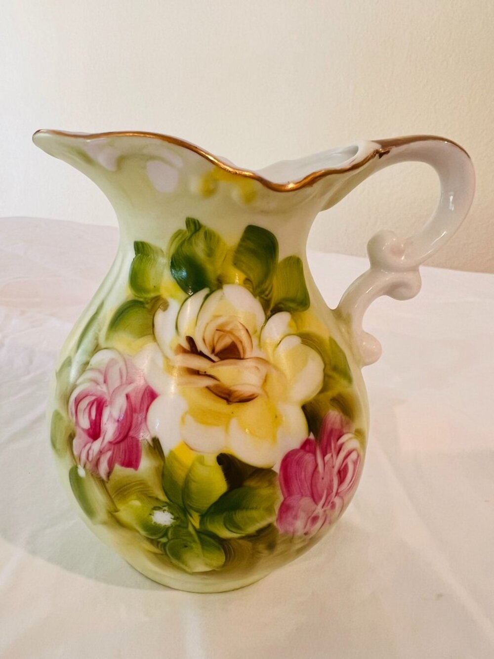 Hand-Painted Norcrest Porcelain Pitcher with Floral Motif